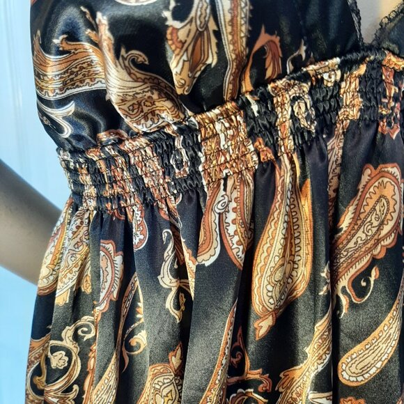 LA VIE EN ROSE Black and Gold Satin Paisley Babydoll Slip Mini Dress - Size S - Picture 8 of 11